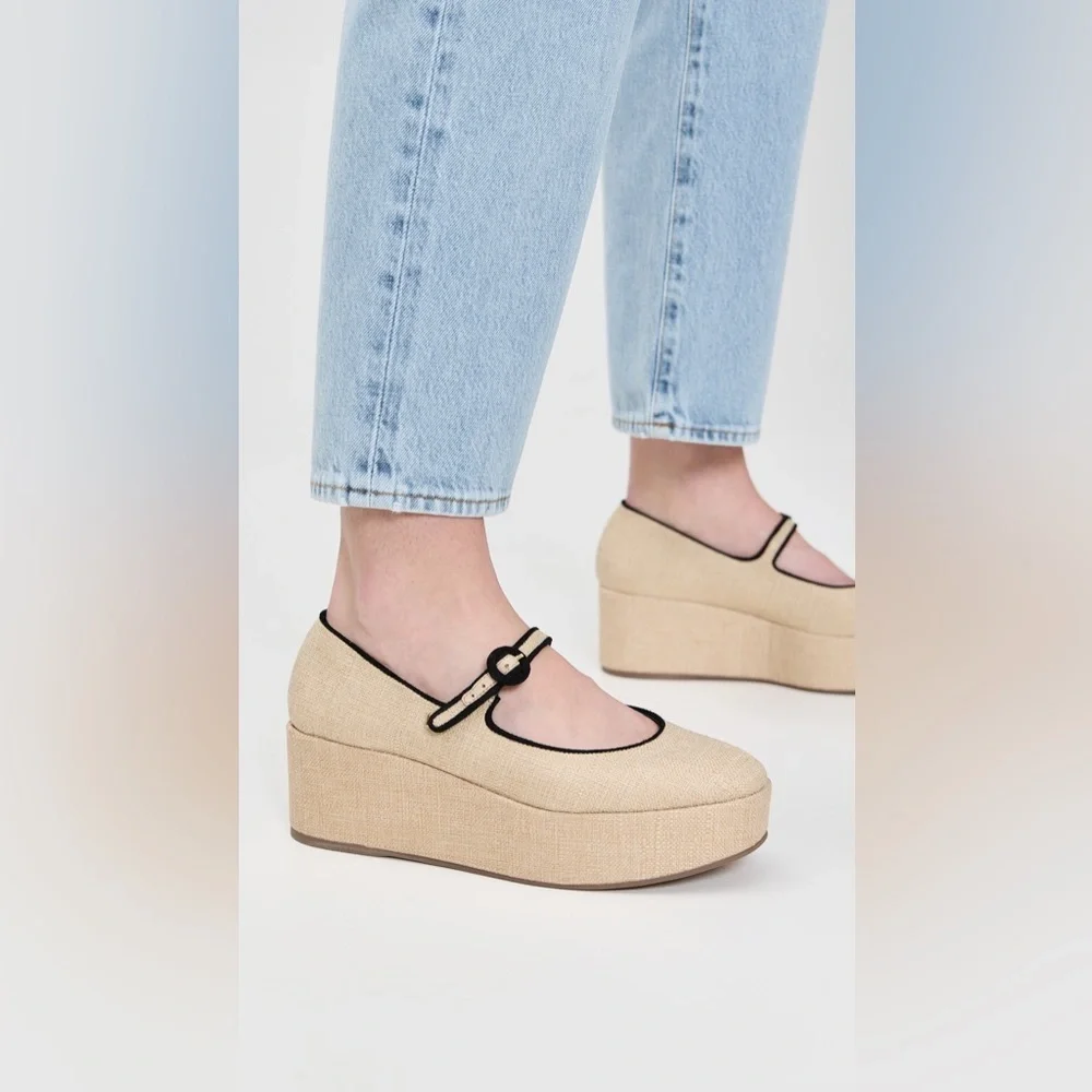 Larroude | Blair Platform Mary Jane Shoes In Raffia Beige Black Size 6.5 NEW